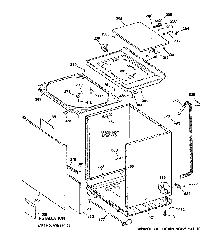 CABINET, COVER & FRONT PANEL Diagram and Parts List for WBSE4220A0WW  General Electric Washer