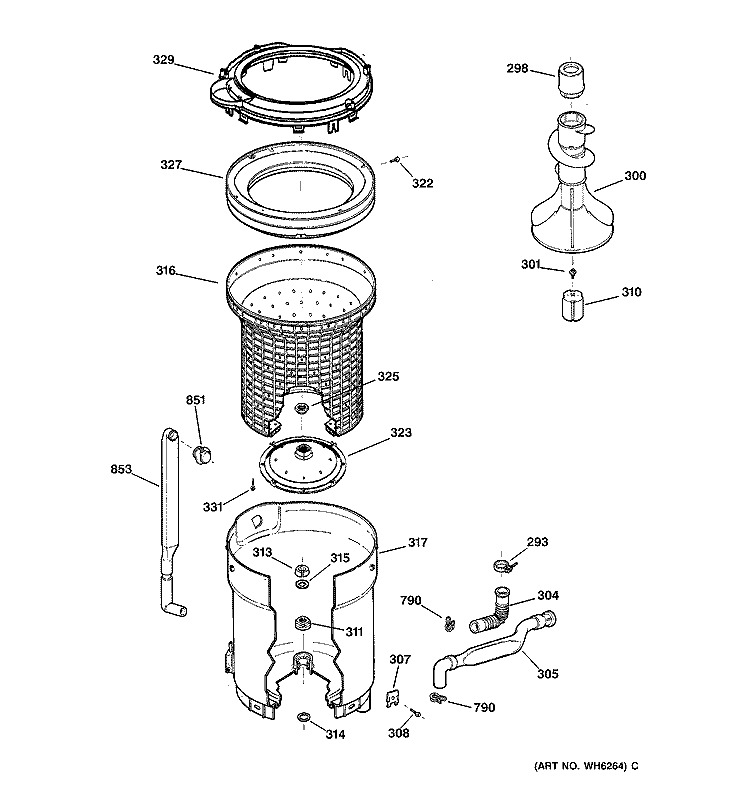 TUB, BASKET & AGITATOR Diagram and Parts List for WBSE5290A0WW  General Electric Washer