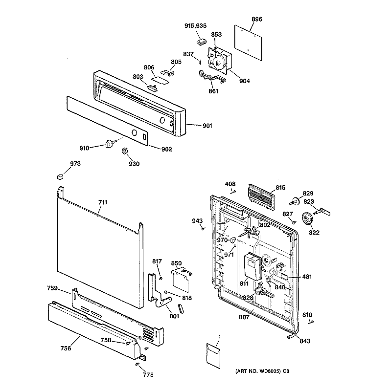 ESCUTCHEON & DOOR ASSEMBLY Diagram and Parts List for GSD1005F00WW  General Electric Dishwasher