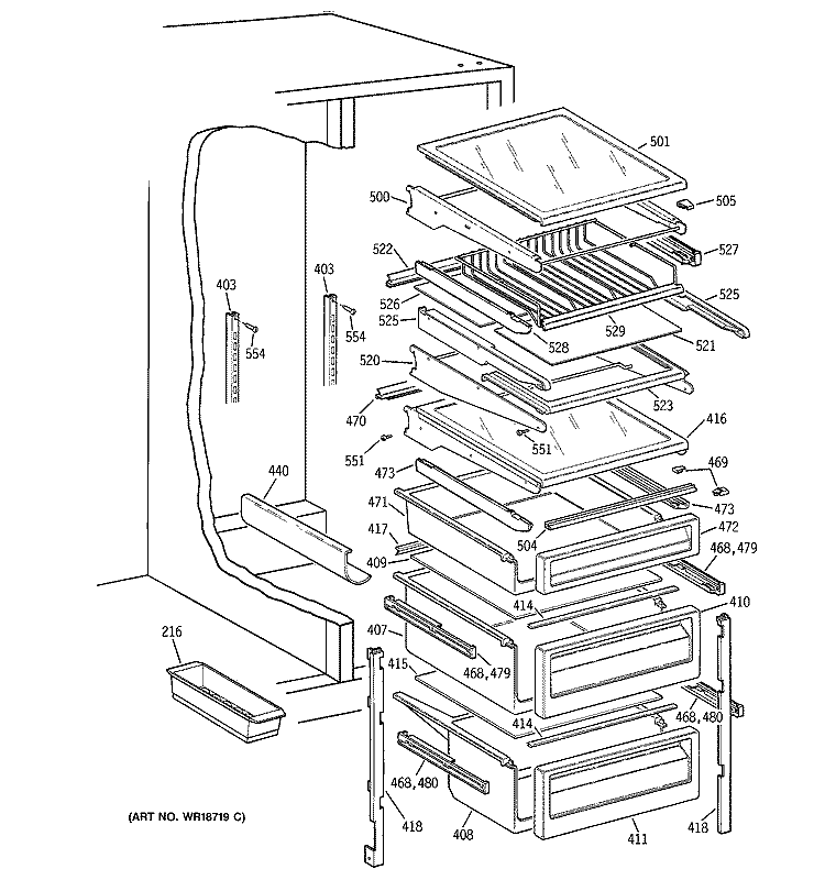 FRESH FOOD SHELVES Diagram and Parts List for TPG24PRDBBB  General Electric Refrigerator