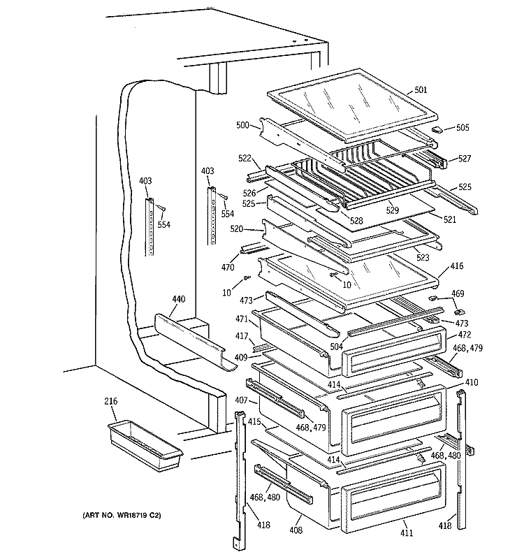 FRESH FOOD SHELVES Diagram and Parts List for TPJ24PRDBBB  General Electric Refrigerator