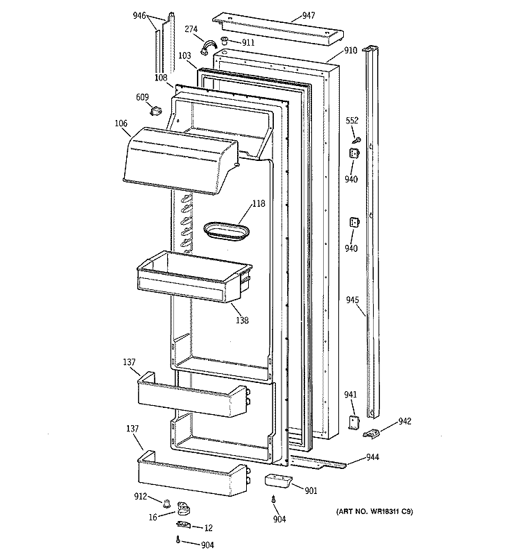 FRESH FOOD DOOR Diagram and Parts List for TPX24BPDBWW  General Electric Refrigerator