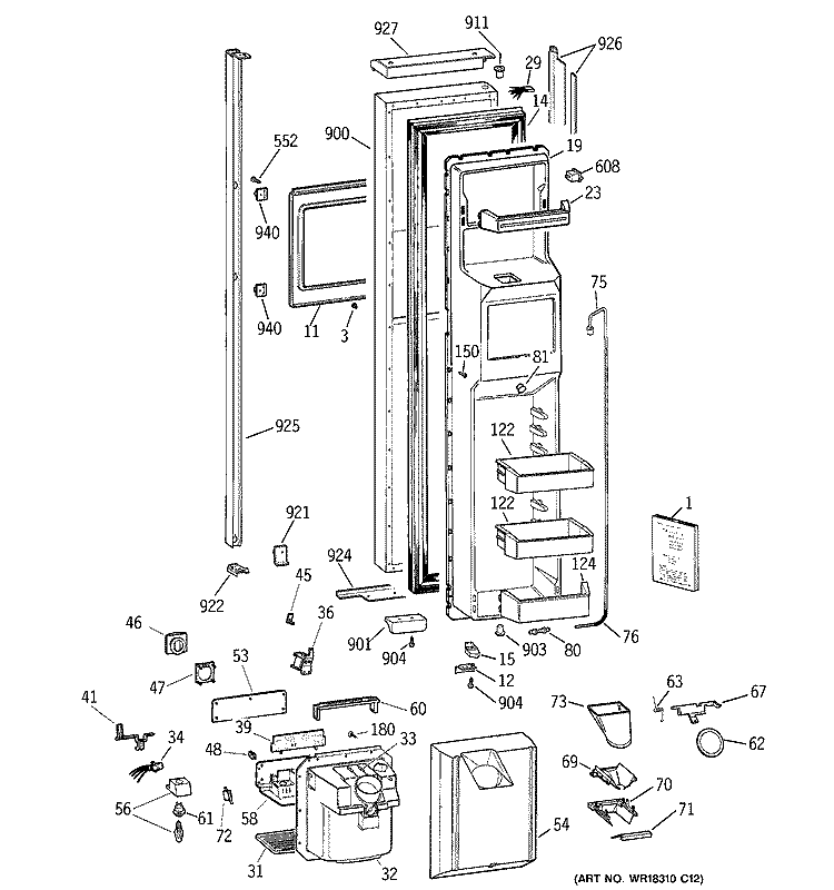 FREEZER DOOR Diagram and Parts List for TPX24BRDBWW  General Electric Refrigerator