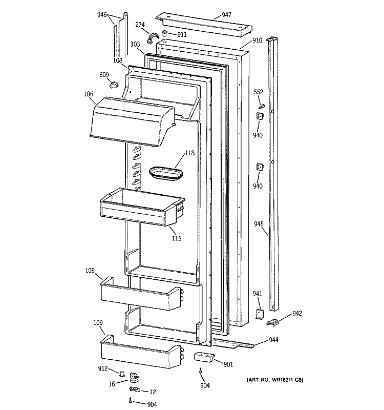 FRESH FOOD DOOR Diagram and Parts List for TPX24BRDBWW  General Electric Refrigerator