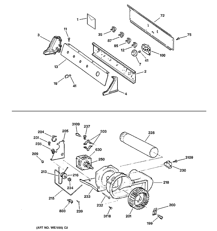BACKSPLASH, BLOWER & MOTOR Diagram and Parts List for DBB3300GA2AA  General Electric Dryer