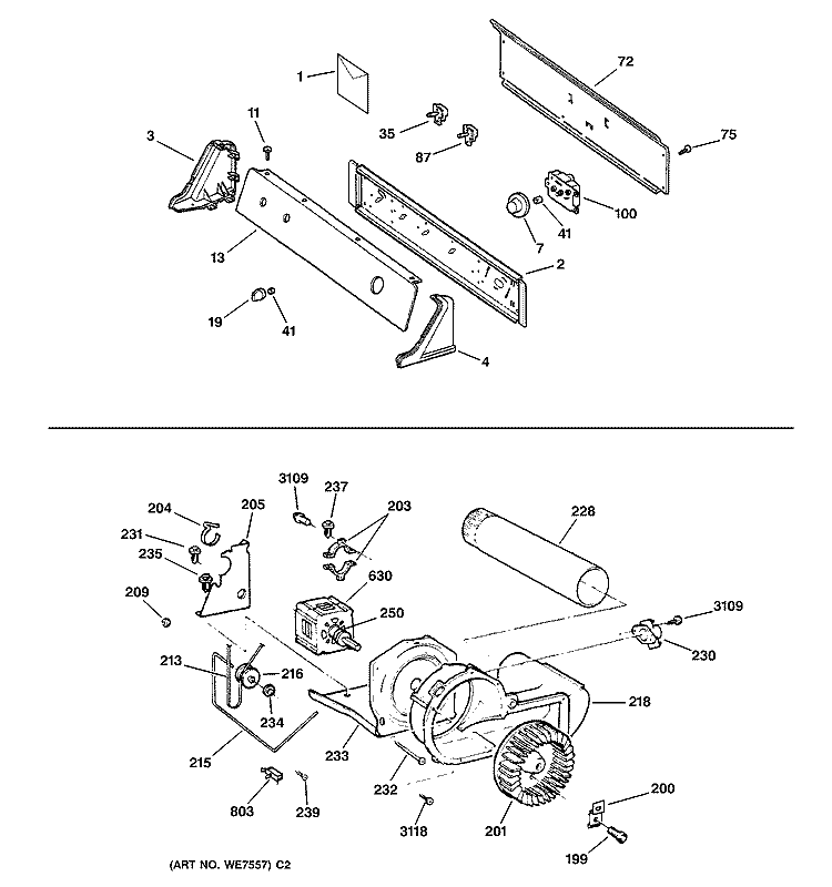BACKSPLASH, BLOWER & DRIVE ASSEMBLY Diagram and Parts List for DBXR453GV3WW  General Electric Dryer
