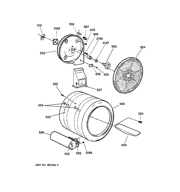 DRUM Diagram and Parts List for DNSR475GY3WW  General Electric Dryer