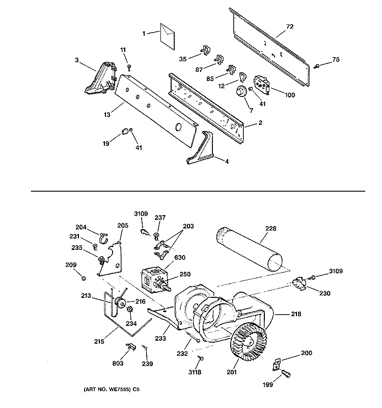BACKSPLASH, BLOWER & MOTOR Diagram and Parts List for DPSR473GW3WW  General Electric Dryer
