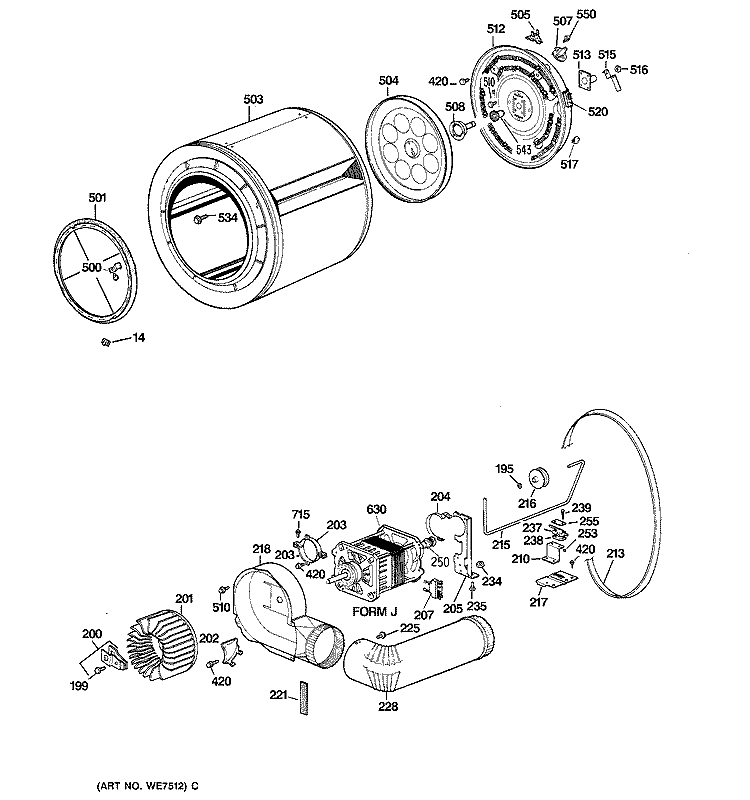 DRUM, HEATER ASSEMBLY, BLOWER & DRIVE ASSEMBLY Diagram and Parts List for CADE165SWH  General Electric Dryer