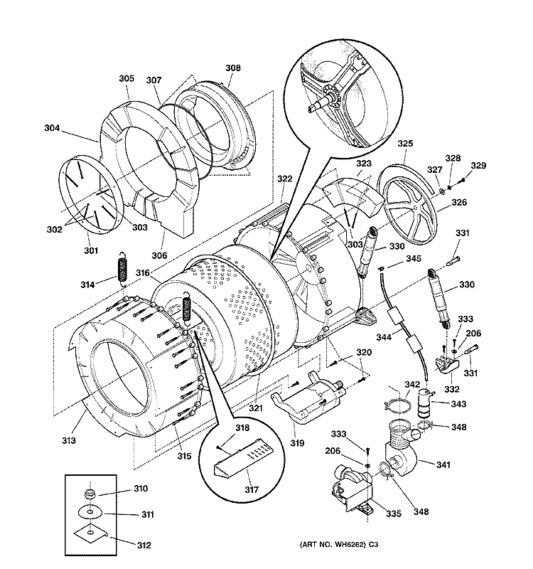TUB & MOTOR Diagram and Parts List for WPXH214A0CC  General Electric Washer