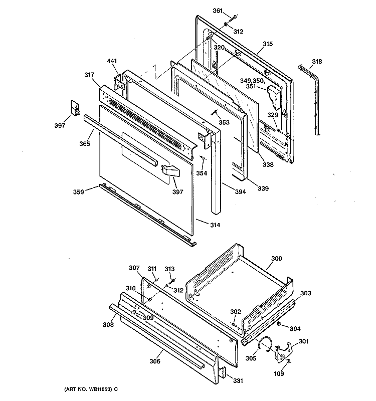 DOOR & DRAWER PARTS Diagram and Parts List for JGBS23DEW3AD  General Electric Range