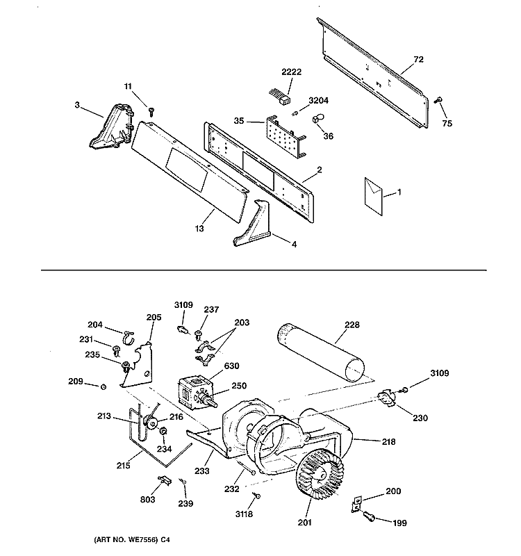 BACKSPLASH, BLOWER & MOTOR Diagram and Parts List for DNCD450GA1WC  General Electric Dryer