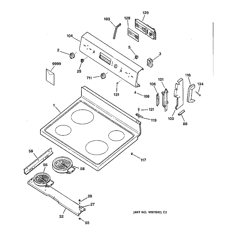 CONTROLS & COOKTOP Diagram and Parts List for RB787BC1BB  Hotpoint Range