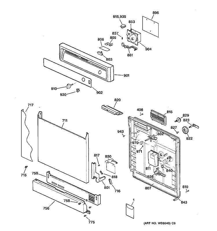 ESCUTCHEON & DOOR ASSEMBLY Diagram and Parts List for HDA2000F02AD  Hotpoint Dishwasher