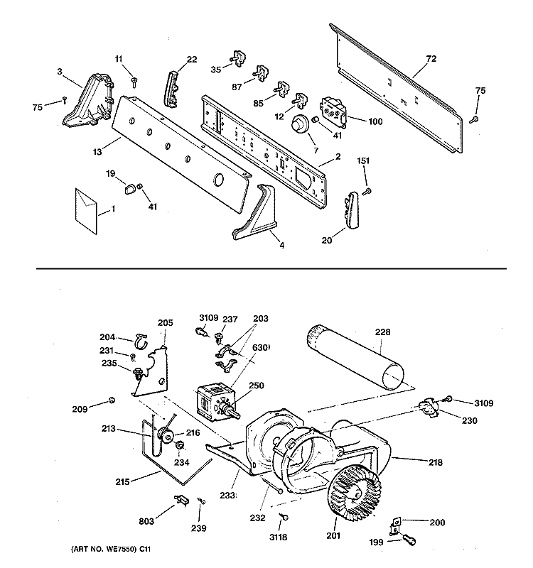 BACKSPLASH, BLOWER & DRIVE ASSEMBLY Diagram and Parts List for NWXR473GV3AA  Hotpoint Dryer