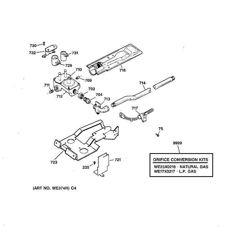 GAS VALVE & BURNER ASSEMBLY Diagram and Parts List for NWXR473GV3AA  Hotpoint Dryer