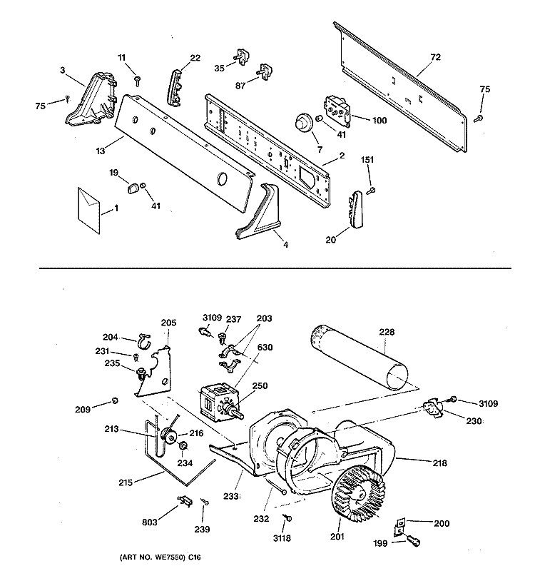 BACKSPLASH, BLOWER & DRIVE ASSEMBLY Diagram and Parts List for NJSR453GW3AA  Hotpoint Dryer