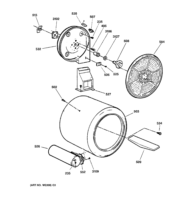 DRUM Diagram and Parts List for NJSR453GW3AA  Hotpoint Dryer