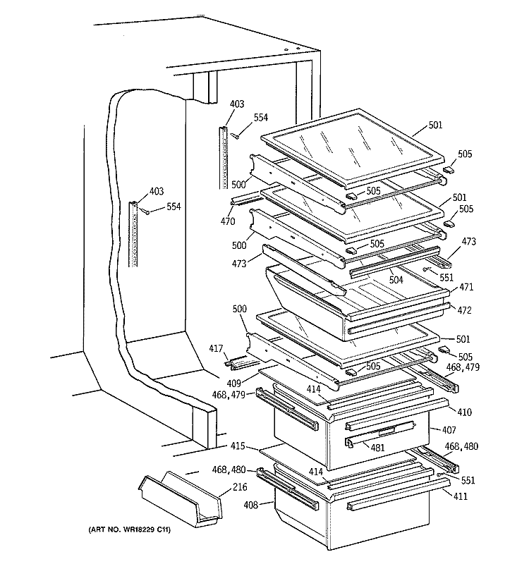 FRESH FOOD SECTION Diagram and Parts List for MSK28DHBHAA  General Electric Refrigerator