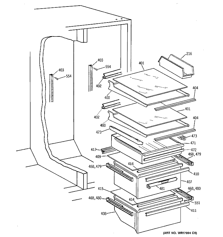 SHELF PARTS Diagram and Parts List for MSG28DHCHWW  General Electric Refrigerator