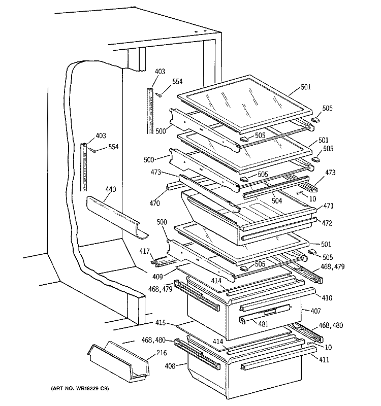 FRESH FOOD SHELVES Diagram and Parts List for MSK30DHBHAA  General Electric Refrigerator