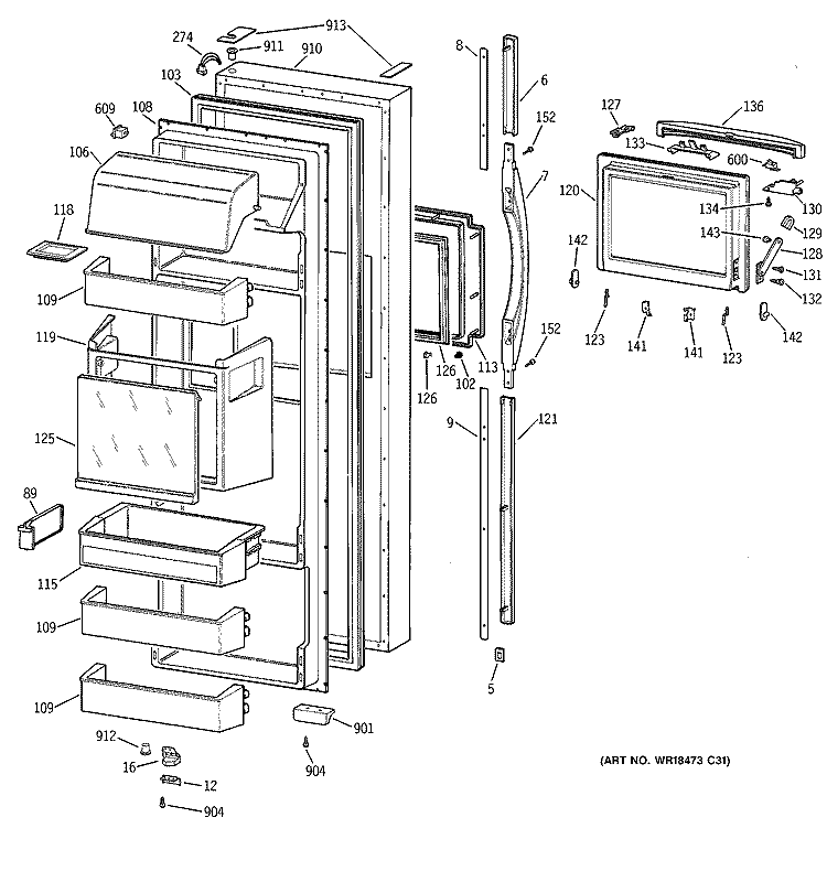 FRESH FOOD DOOR Diagram and Parts List for MSK28DHDBAA  General Electric Refrigerator