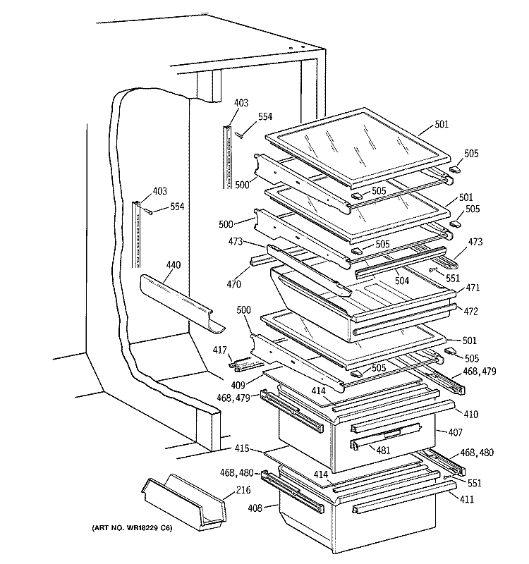 FRESH FOOD SECTION Diagram and Parts List for MSK28DHDBAA  General Electric Refrigerator