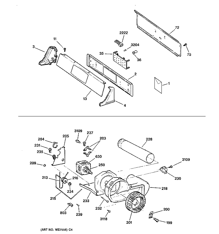 BACKSPLASH, BLOWER & MOTOR Diagram and Parts List for DNCD450GA0WC  General Electric Dryer
