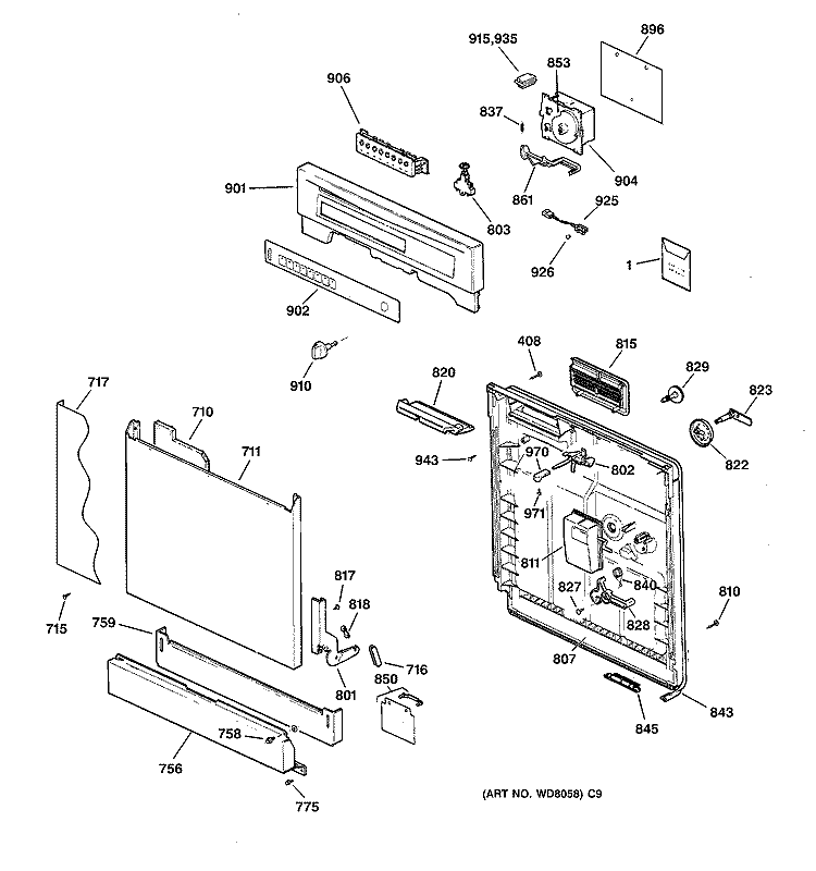 ESCUTCHEON & DOOR ASSEMBLY Diagram and Parts List for GSD3855F00CC  General Electric Dishwasher