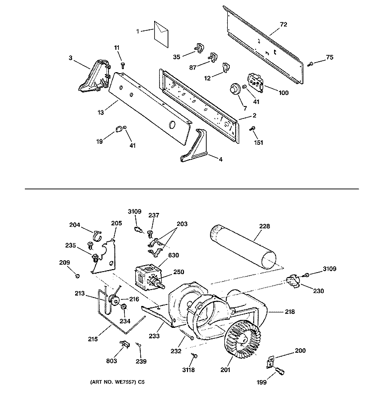 BACKSPLASH, BLOWER & DRIVE ASSEMBLY Diagram and Parts List for DX4500GA2WW  General Electric Dryer