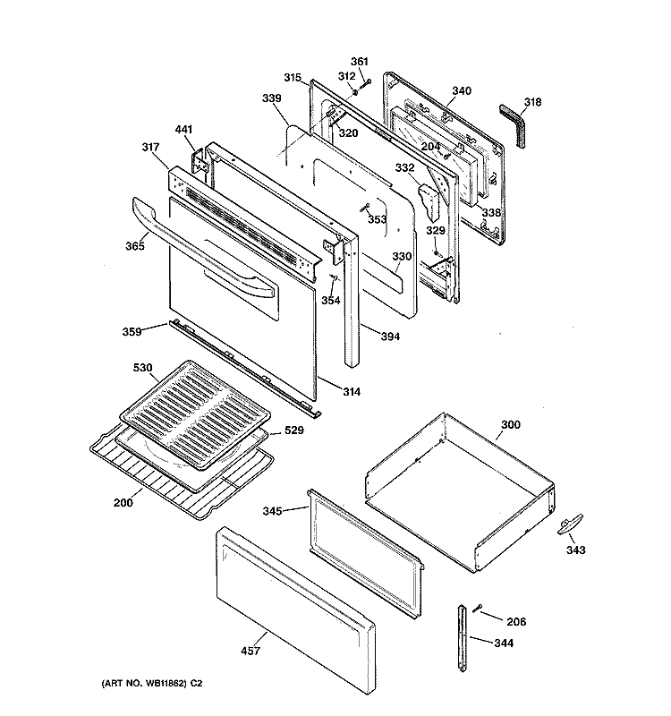 DOOR & DRAWER PARTS Diagram and Parts List for JBP61WC1WW  General Electric Range