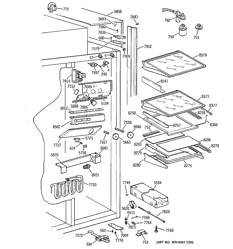 FRESH FOOD SECTION Diagram and Parts List for ZISS36DCBSS  General Electric Refrigerator