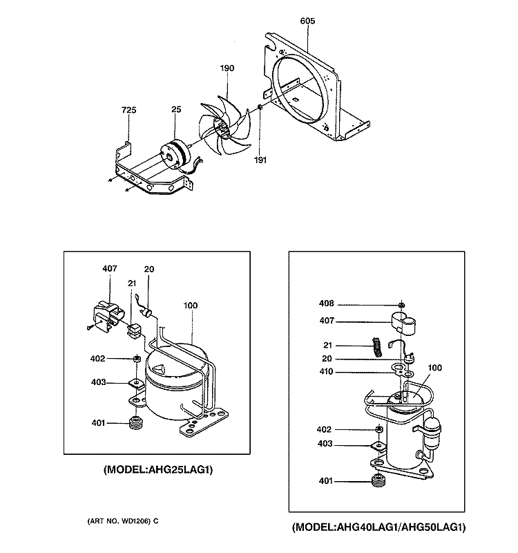 FAN & COMPRESSOR Diagram and Parts List for AHG50LAG2  General Electric Dehumidifier