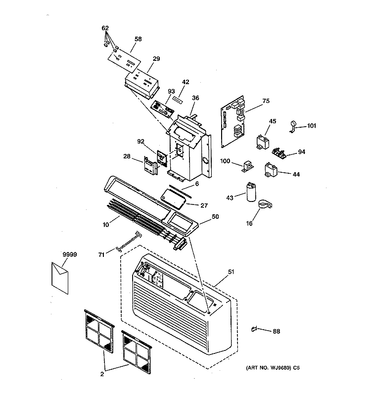 CONTROLS & CASE Diagram and Parts List for AZ51H06DACV1  General Electric Air Conditioner
