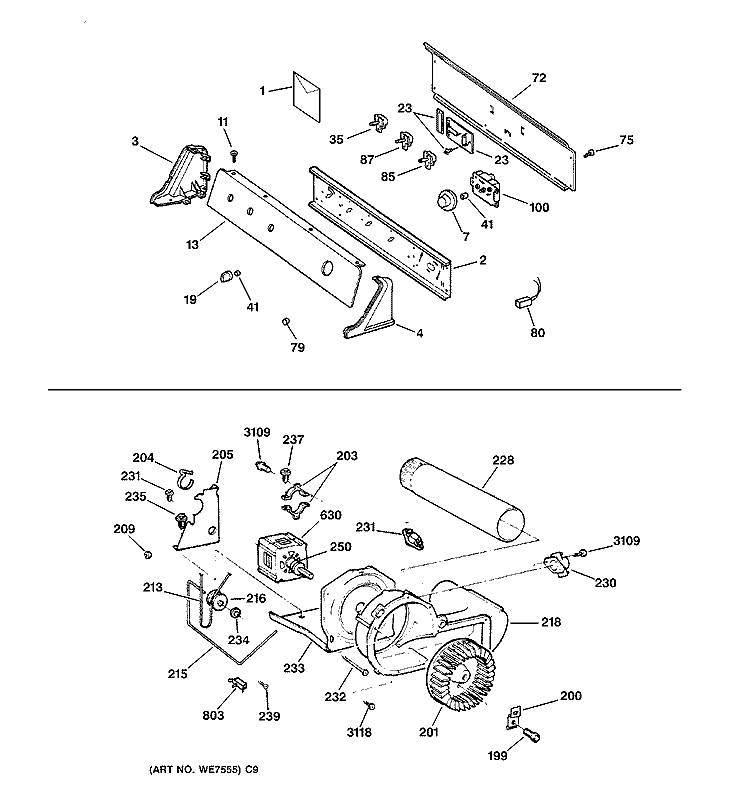 BACKSPLASH, BLOWER & MOTOR Diagram and Parts List for DPSR513EA1AA  General Electric Dryer