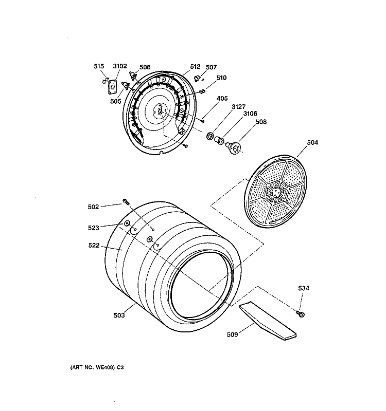 DRUM Diagram and Parts List for DPSR513EA1AA  General Electric Dryer