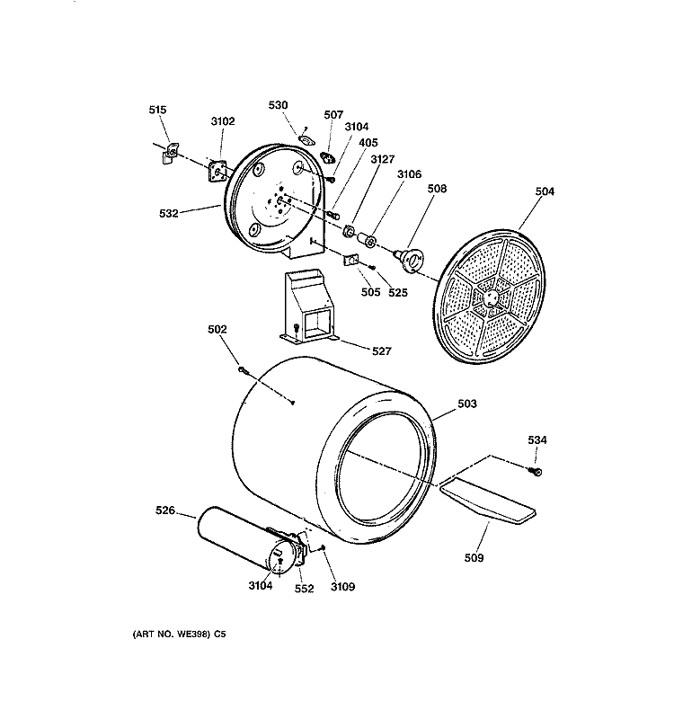 DRUM Diagram and Parts List for DWSR483GA1WW  General Electric Dryer