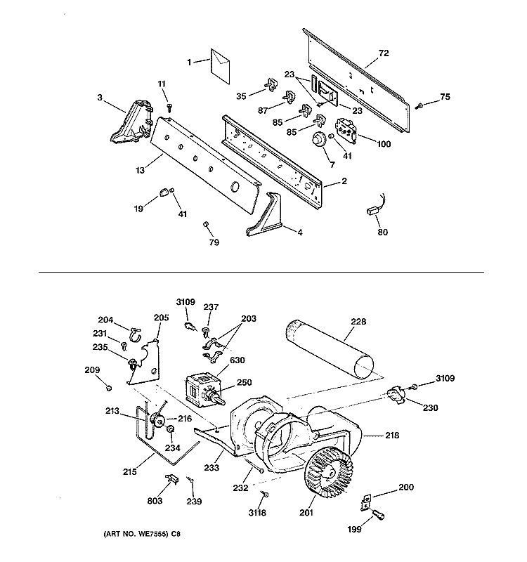 BACKSPLASH, BLOWER & MOTOR Diagram and Parts List for DPSR513GA2AA  General Electric Dryer