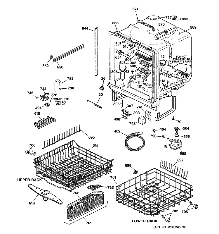 BODY PARTS Diagram and Parts List for GSD5310D02AA  General Electric Dishwasher