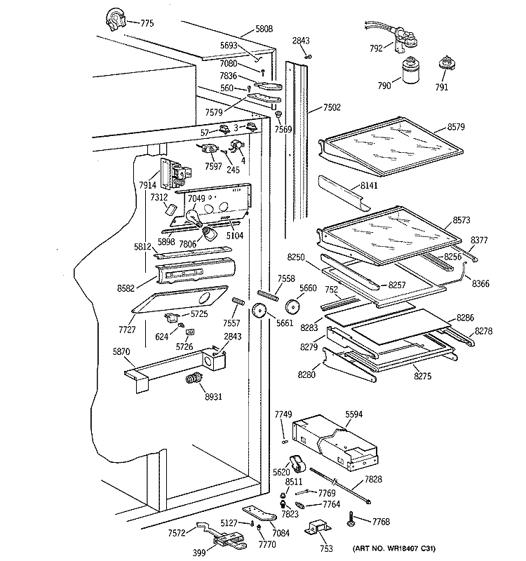 FRESH FOOD SECTION Diagram and Parts List for ZISS36NCBSS  General Electric Refrigerator