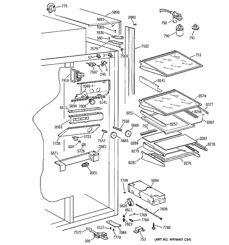 FRESH FOOD SECTION Diagram and Parts List for ZISS42NCBSS  General Electric Refrigerator