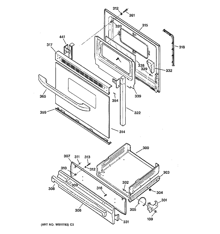 DOOR & DRAWER PARTS Diagram and Parts List for JGBS20WEA2WW  General Electric Range