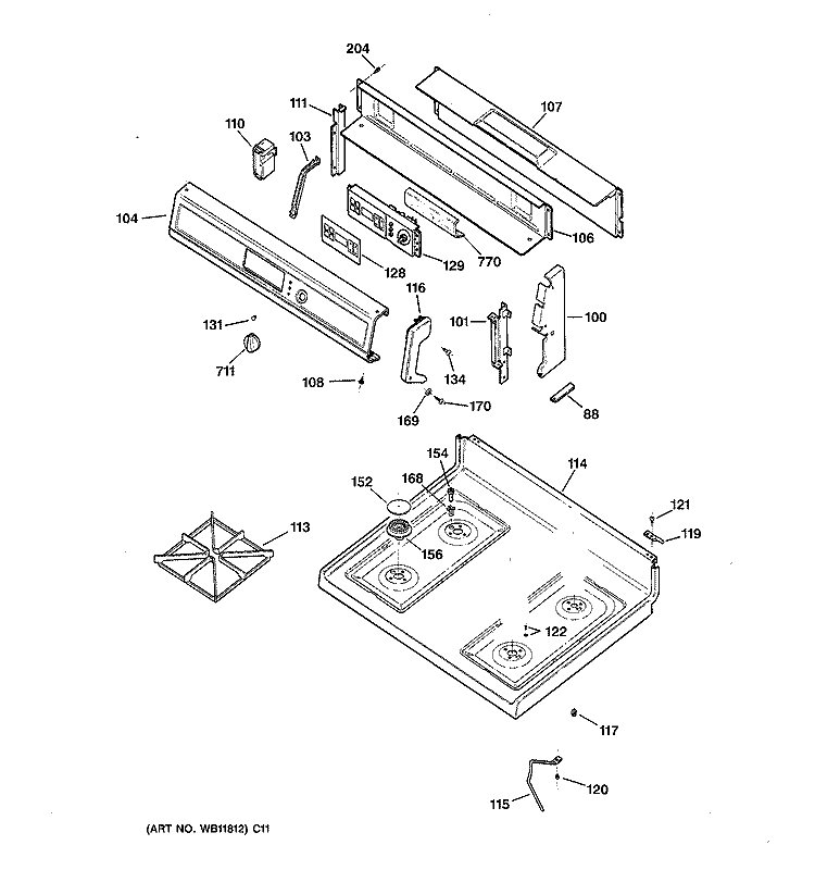 CONTROL PANEL & COOKTOP Diagram and Parts List for JGBP28WEA2WW  General Electric Range
