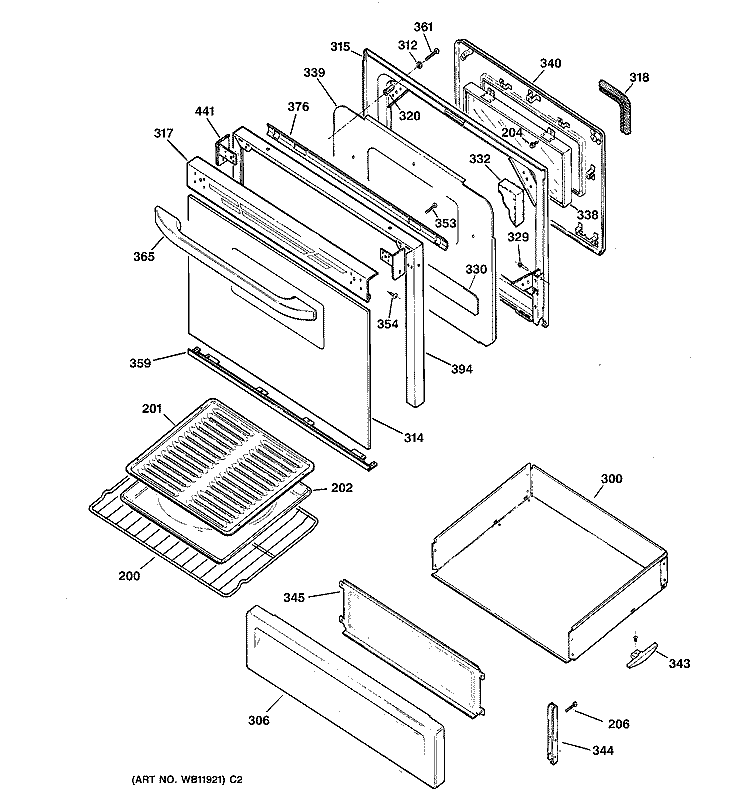 DOOR & DRAWER PARTS Diagram and Parts List for JGBP28WEA2WW  General Electric Range