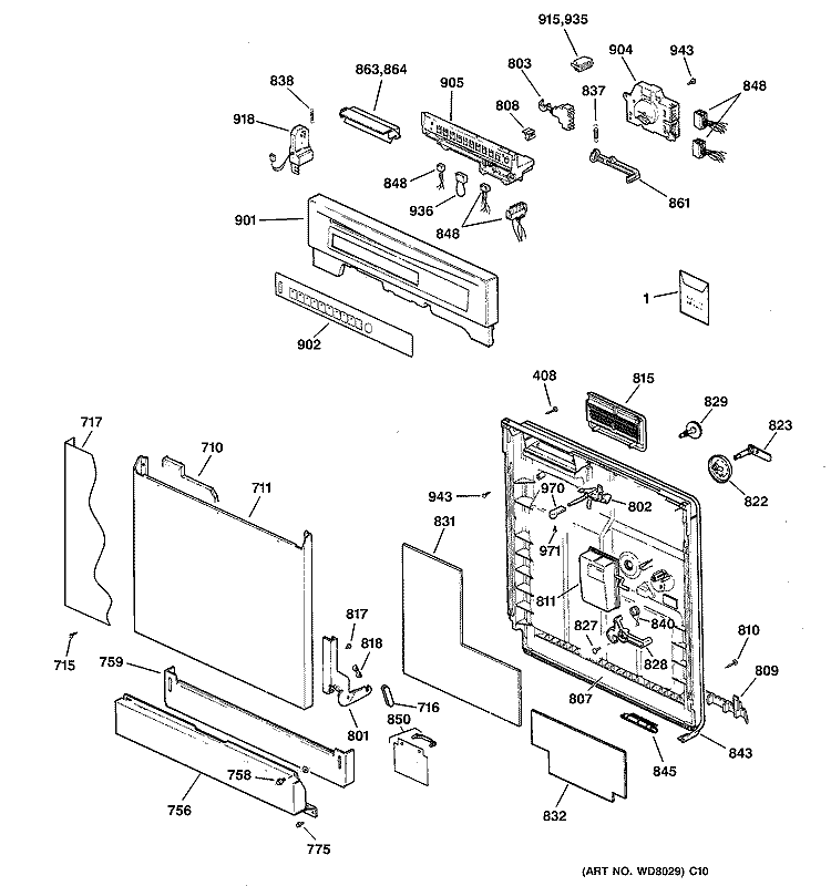 ESCUTCHEON & DOOR ASSEMBLY Diagram and Parts List for GSD5360F01SS  General Electric Dishwasher