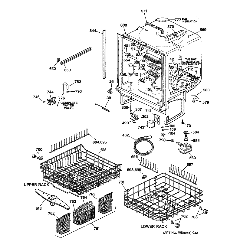 BODY PARTS Diagram and Parts List for ZBD4200D02BB  General Electric Dishwasher