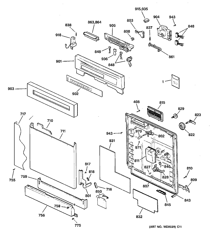 ESCUTCHEON & DOOR ASSEMBLY Diagram and Parts List for ZBD4500D02SS  General Electric Dishwasher