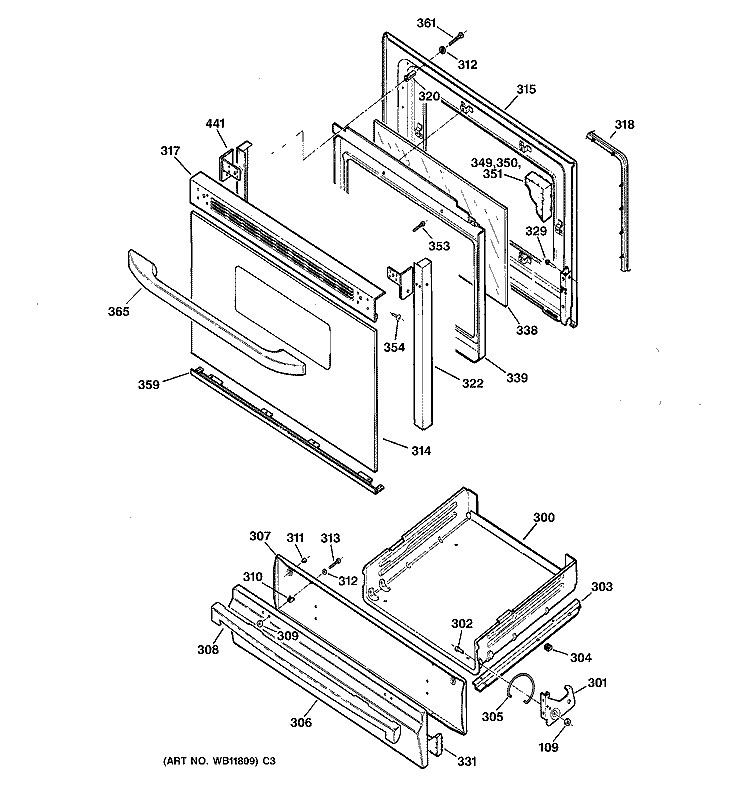 DOOR & DRAWER PARTS Diagram and Parts List for JGBS23WEA3WW  General Electric Range