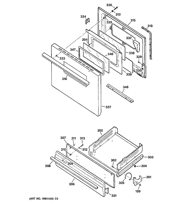 DOOR & DRAWER PARTS Diagram and Parts List for JGBS21PEC2WW  General Electric Range