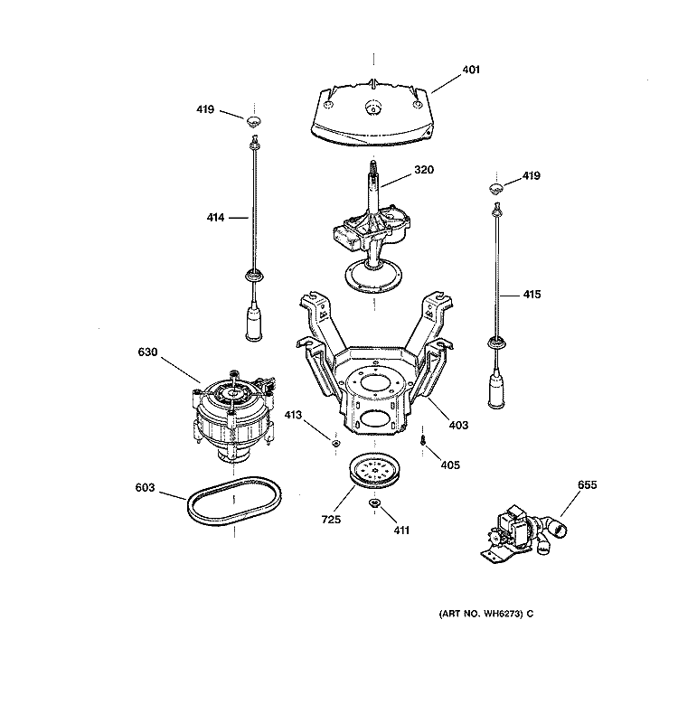SUSPENSION, PUMP & DRIVE COMPONENTS Diagram and Parts List for WCCD1030Y2AC  General Electric Washer